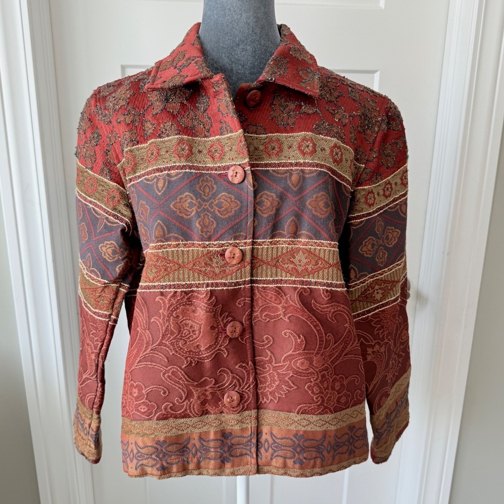 Vintage Coldwater Creek Womens Tapestry‎ Jacket Boho Rust Button Front Size M